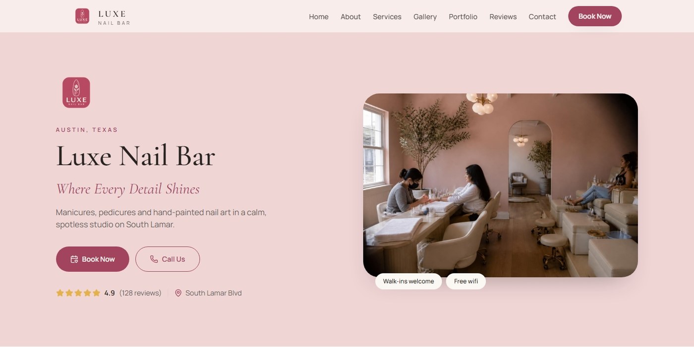 Luxe Nail Bar website screenshot